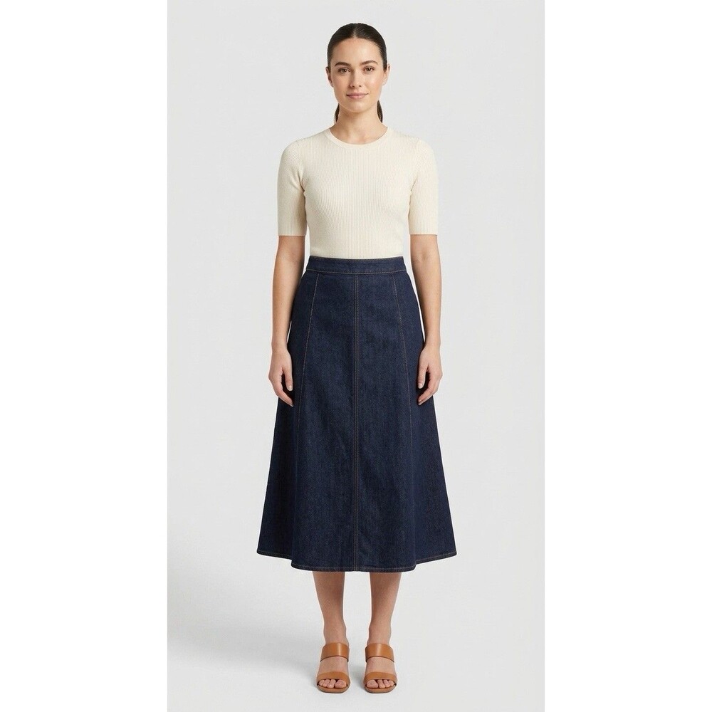H&M Edition Midi A Line Dark Blue Denim Skirt Size 6 Pockets